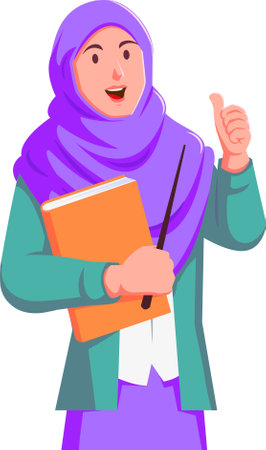 Illustration of a muslim student holding a book and showing thumbs upのイラスト素材