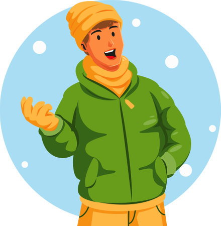 Illustration of a Man Wearing Winter Clothes Smiling and Wavingのイラスト素材