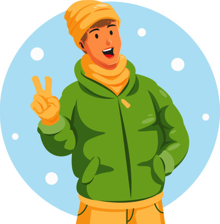 Illustration of a Man Wearing Winter Clothes Showing Peace Signのイラスト素材