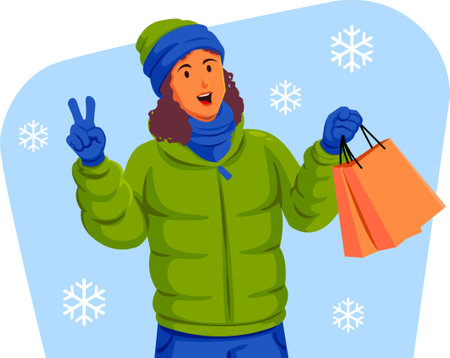 Vector illustration of a young woman in winter clothes holding shopping bags.のイラスト素材