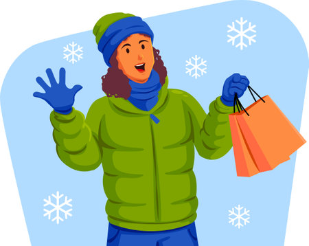 Young woman in winter clothes with shopping bags. Vector illustration in cartoon styleのイラスト素材