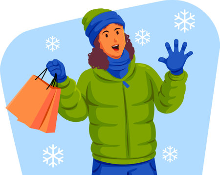 Vector illustration of a young woman in winter clothes holding shopping bags.のイラスト素材