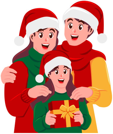 Happy family in Santa Claus hats with a gift. Vector illustration.のイラスト素材