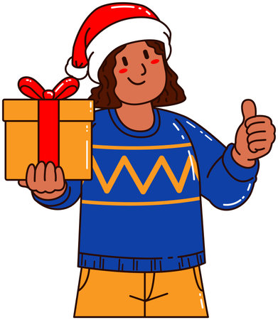 Illustration of a woman wearing a Santa hat holding a gift box and giving thumbs upのイラスト素材