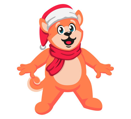 Cute cartoon dog in christmas hat and scarf. Vector illustration.