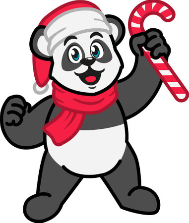 Panda wearing a Christmas hat and scarf holding a candy cane.のイラスト素材