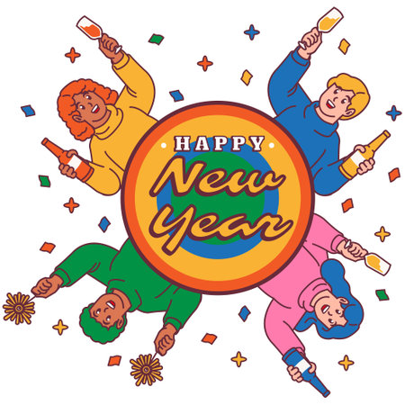 Happy New Year greeting card with people celebrating party. Vector illustration.のイラスト素材