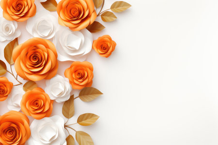 Flowers composition. Frame made of orange and white roses on white background. Flat lay, top view, copy spaceの素材