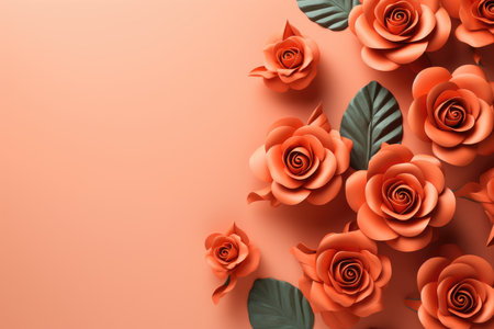 Orange roses with leaves on orange background. 3d render illustration.の素材