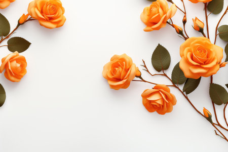 Beautiful orange roses on white background, flat lay. Space for textの素材