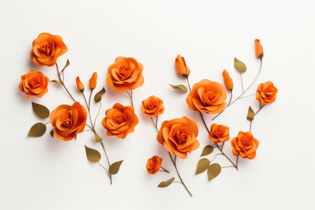 Orange roses on white background. Flat lay, top view, copy spaceの素材