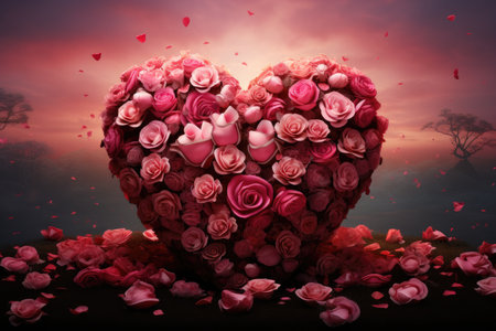 Heart shape made of pink roses on dark background, valentines day conceptの素材