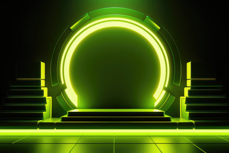 neon podium in dark room with glowing lights, 3d renderingの素材