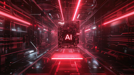 3D rendering of futuristic background with neon lights and HUD elements.の素材