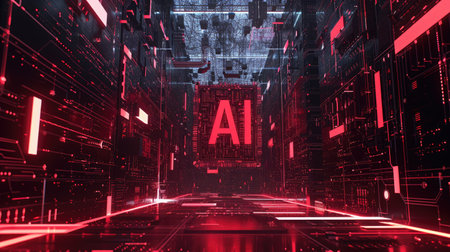 Futuristic dark corridor with glowing neon letters. 3D Renderingの素材