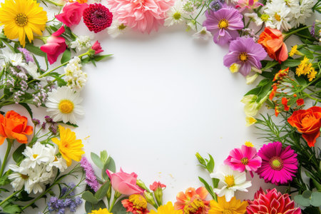 Flower frame on white background. Flat lay, top view.の素材