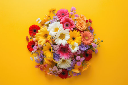 colorful bouquet of different flowers on yellow background, top viewの素材
