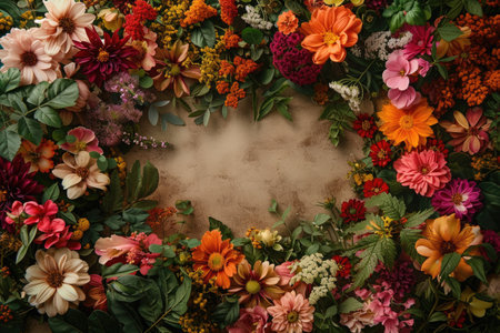 Top view of floral frame with copy space on old paper background.の素材