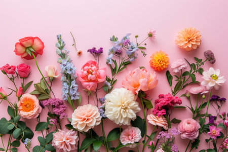 Flowers composition. Colorful flowers on pink background. Flat lay, top view, copy spaceの素材