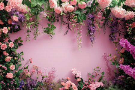 Flowers on pink background with copy space. Top view, flat layの素材