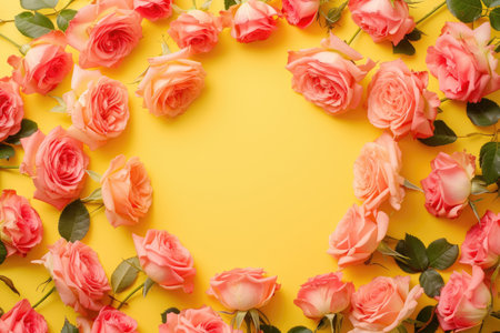 Frame made of beautiful roses on yellow background, flat lay. Space for textの素材
