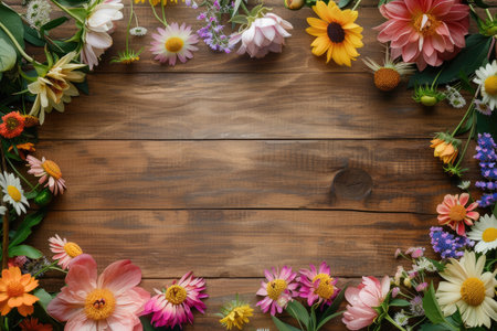 Frame of flowers on wooden background, top view with space for textの素材