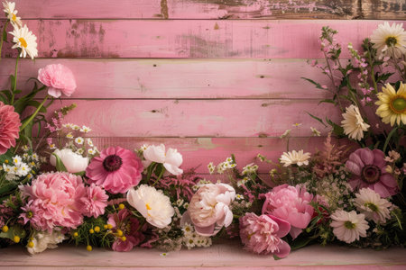 flowers on pink wooden background, vintage color tone and selective focusの素材