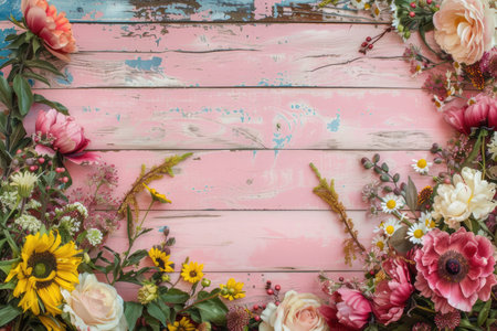 Flowers on pink wooden background with copy space. Top view.の素材