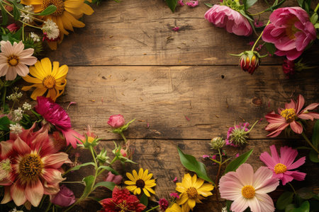 Colorful flowers on wooden background with space for text. Top viewの素材