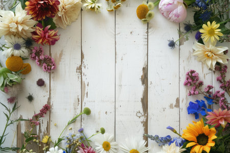 Colorful wildflowers on white wooden background with copy space.の素材