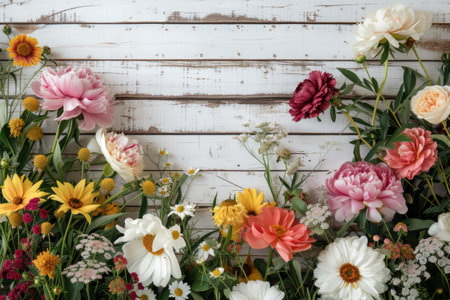 Flowers composition on wooden background. Flat lay, top view.の素材