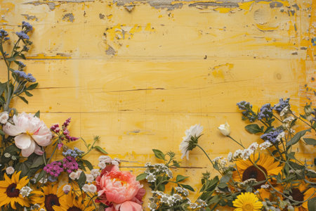 Flowers on a yellow wooden background with space for your text.の素材