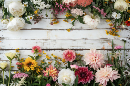Colorful flowers bouquet on white wooden background. Flat lay.の素材