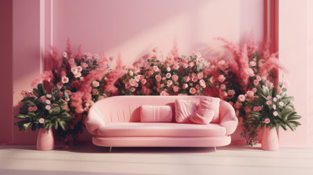 Pink sofa with pink flowers on the white wooden floor. 3d renderingの素材