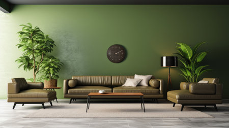 Interior of modern living room with green wall and brown sofa - renderingの素材