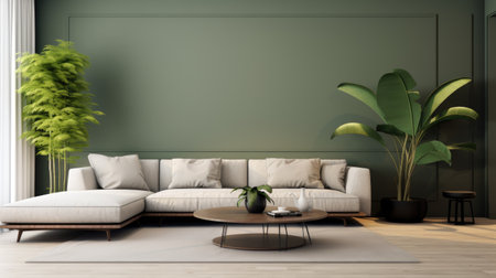 Interior of modern living room with green wall and sofa 3D renderingの素材