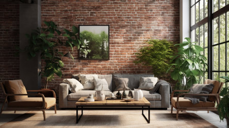 Interior of modern living room with brick wall, 3d renderの素材