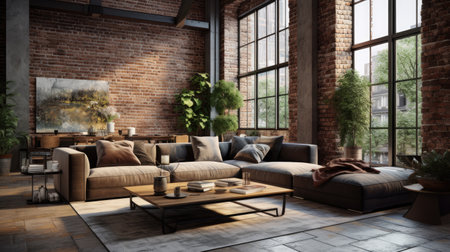 Modern loft living room interior design with brown sofa 3d render illustrationの素材