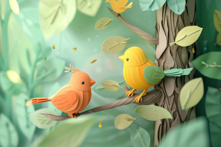 3d illustration of two birds sitting on a tree branch with leavesの素材