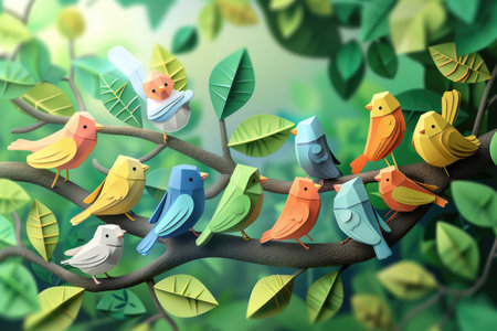 Group of birds on a tree branch in the forest. Vector illustration.の素材