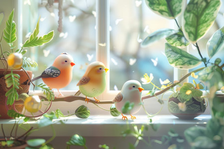 Birds on a branch in a vase on the windowsillの素材