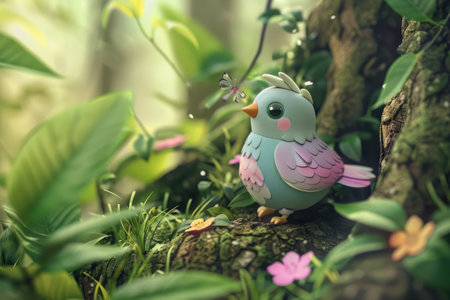 Cute little bird sitting on a tree in the garden, vintage styleの素材