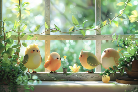 Cute birds and flowers on window sill. Spring backgroundの素材