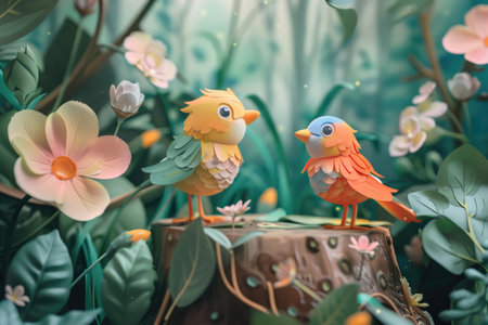 3d render of cute birds and flowers in the garden. Vintage style. spring backgroundの素材