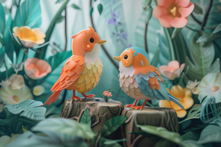 Cute birds and flowers in the garden, vintage color tone.の素材