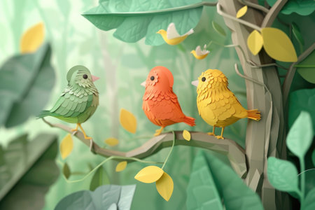 3d rendering of cute birds sitting on a tree branch with leavesの素材