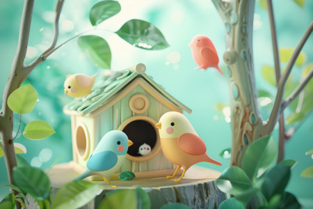 Cute birds in birdhouse on green background. 3d renderingの素材