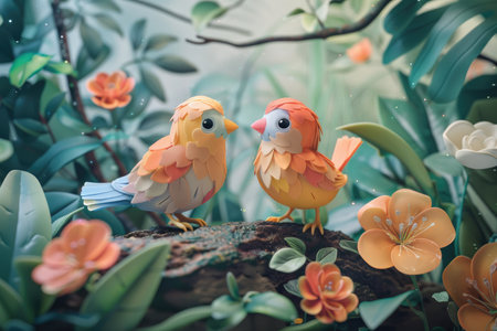 Cute birds sitting on the tree in the garden. Vintage style.の素材