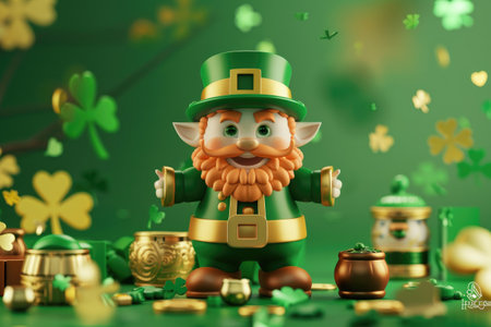 Leprechaun with pot of gold and clover on green backgroundの素材