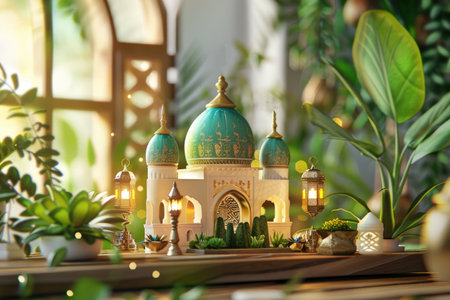 Beautiful miniature of mosque on table in room. Ramadan Kareem celebrationの素材